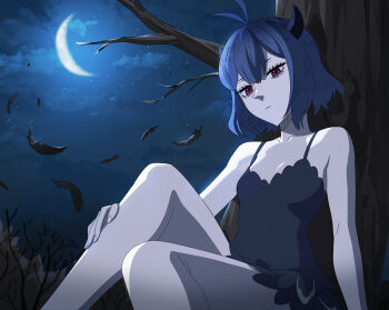1girl absurdres black_clover black_clover_m:_rise_of_the_wizard_king black_dress black_feathers black_hair black_horns crescent_moon dress falling_feathers feathers highres horns looking_at_viewer moon night non-web_source official_art outdoors red_eyes secre_swallowtail short_hair sitting sleeveless sleeveless_dress solo