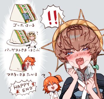 ! !! 3girls ? ahoge apron barghest_(fate) barghest_(swimsuit_archer)_(second_ascension)_(fate) belt black_scrunchie black_sleeves blonde_hair blood blue_eyes blue_overalls blush braid breasts brown_hair censored check_translation chibi closed_eyes closed_mouth commentary_request crown_braid drooling english_text fang fate/grand_order fate_(series) fujimaru_ritsuka_(female) fujimaru_ritsuka_(female)_(summer_street) hat heavy_breathing highres holding holding_tray huge_breasts leggings mixed-language_text mosaic_censoring multiple_girls orange_hair orange_hat overalls puffy_sleeves red_leggings red_pupils sandwiched scrunchie shimogamo_(shimomo_12) short_sleeves side_braid side_ponytail skin_fang small_breasts striped_clothes striped_headwear tongue translation_request tray upper_body van_gogh_(fate) van_gogh_(first_ascension)_(fate) vore