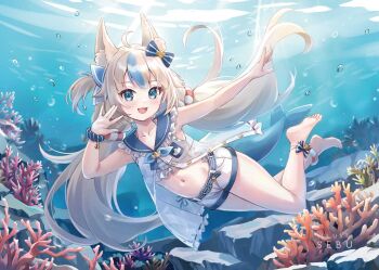 1girl :d ahoge air_bubble animal_ears barefoot belt bikini bikini_under_clothes bikini_bottom_under_shorts blonde_hair blue_belt blue_bikini blue_bow blue_eyes blue_hair blue_sailor_collar bow bubble cat_ears commentary dress fang feet fins fish_girl fish_tail frilled_bikini frilled_sailor_collar frills hair_bow hashtag-only_commentary highleg highleg_bikini indie_virtual_youtuber lifebuoy_hair_ornament long_hair looking_at_viewer low_twintails midriff multicolored_hair navel ocean one_side_up open_mouth sailor_collar sailor_dress sameko_saba scrunchie sebu_illust short_shorts shorts side-tie_bikini_bottom sleeveless sleeveless_dress smile solo streaked_hair swimming swimsuit tail teeth toes twintails unbuttoned underwater upper_teeth_only very_long_hair virtual_youtuber white_dress white_hair white_shorts wrist_scrunchie