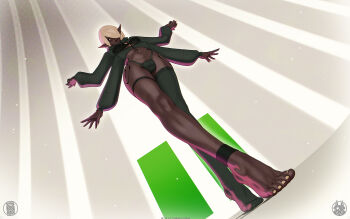 1girl bulge commentary dark-skinned_female dark_elf dark_skin dated elf english_commentary extra_arms feet from_below futanari highres long_pointy_ears original pointy_ears ralamian single_leg_pantyhose solo themaestronoob thigh_strap toes