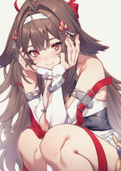 1girl armlet bangle bracelet brown_hair clothing_cutout clover_hair_ornament commentary_request droopy_ears hair_ornament hands_on_own_cheeks hands_on_own_face hazzyiii1108 headband jewelry knees_together_feet_apart light_smile long_hair looking_at_viewer red_eyes red_ribbon ribbon spiked_armlet very_long_hair white_background ye_shunguang zenless_zone_zero