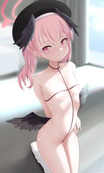 1girl absurdres arms_behind_back black_hat blue_archive blurry blurry_background blush closed_mouth commentary_request depth_of_field effectively_nude female_focus flat_chest halo hat head_wings highres indoors j.c.14 kneehighs kneeling koharu_(blue_archive) loli long_hair looking_at_viewer navel nose_blush pink_eyes pink_hair socks solo twintails white_socks wings