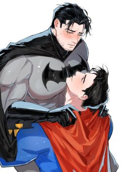 2boys bara batman batman_(series) batman_symbol beard_stubble black_cape black_gloves black_hair blue_bodysuit blush bodysuit bruce_wayne cape carrying carrying_person commentary covered_pectorals dc_comics elbow_gloves eye_contact facial_hair gloves grey_bodysuit hands_on_another's_shoulders hashtag-only_commentary head_back highres large_pectorals looking_at_another male_focus multiple_boys muscular muscular_male parted_lips pectorals peipei24 red_cape short_sideburns simple_background smile stubble superman superman_(series) white_background yaoi