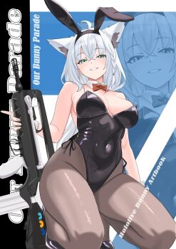 1girl animal_ear_fluff animal_ears assault_rifle bare_shoulders black_leotard blue_eyes blush breasts cleavage fox_ears fox_girl fox_tail full_body gun highres holding holding_gun holding_weapon hololive kneeling leotard looking_at_viewer medium_breasts pantyhose rifle rijeka1918 shirakami_fubuki shirt smile solo_focus strapless strapless_leotard tail virtual_youtuber weapon white_shirt zoom_layer