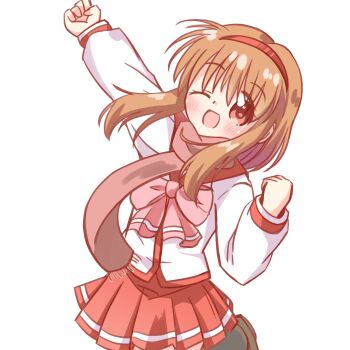 1girl ;d alternate_costume arm_up blush bow bowtie brown_hair clenched_hands commentary_request cowboy_shot eyes_visible_through_hair floating_hair fringe_trim hair_between_eyes hairband hand_up happy highres kanon long_sleeves looking_at_viewer medium_hair miniskirt one_eye_closed open_mouth pink_bow pink_bowtie pink_scarf pleated_skirt red_hairband red_sailor_collar red_skirt sailor_collar scarf school_uniform serafuku shirt sidelocks simple_background skirt smile solo tareme to_heart to_heart_(series) tsukimiya_ayu white_background white_shirt zeppachi