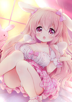 1girl animal_ears ass bow breasts chiika_(cure_cherish) cleavage frilled_cuffs hair_bow highres large_breasts long_hair looking_at_viewer open_mouth original panties pantyshot pink_bow pink_eyes pink_hair plaid_clothes plaid_skirt puffy_short_sleeves puffy_sleeves rabbit_ears short_sleeves sitting skirt solo two_side_up underwear window yume_kawaii
