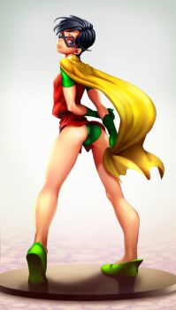 1boy ahoge ass batman_(series) black_hair blue_eyes bulge cape dc_comics dick_grayson domino_mask eye_mask gloves male_focus mask riko_(k_riko) robin_(dc) solo