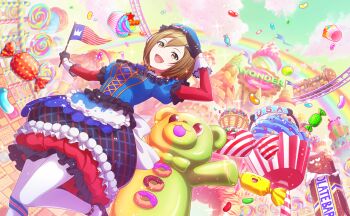 1girl :d basket black_gloves blue_hat brown_eyes candy chocolate chocolate_bar cloud colorful_palette cupcake dress flag food frilled_dress frills game_cg gloves green_sky hat highres holding holding_flag jelly_bean lollipop meiko_(vocaloid) multicolored_dress official_alternate_costume official_art open_mouth pantyhose pop_in_my_heart!!_(project_sekai) project_sekai railroad_tracks rainbow sky smile solo star_(symbol) third-party_source tongue train vocaloid white_pantyhose wrapped_candy