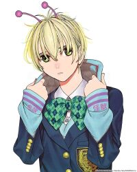 1girl alien antennae blonde_hair blue_hoodie blue_jacket bow dandadan emblem green_bow highres hood hoodie jacket kami_high_school_uniform long_sleeves looking_at_viewer official_art school_uniform short_hair solo tatsu_yukinobu vamola_(dandadan) white_background