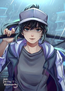 1girl absurdres aegyo_sal black_eyes black_hair black_shirt blunt_bangs grin hat high_ponytail highres holding holding_sword holding_weapon jacket lee_jihye looking_at_viewer multicolored_jacket omniscient_reader&#039;s_viewpoint open_clothes open_jacket over_shoulder parted_lips ponytail rain saihachi06 shirt sidelocks smile solo sword two-tone_jacket weapon weapon_over_shoulder