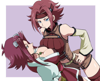 2girls blue_eyes breast_press breasts breasts_squeezed_together brown_eyes choker cleavage code_geass color_connection crossover dress elbow_gloves female_focus flipped_hair gloves hair_intakes hairstyle_connection izayoi_aki jewelry kouzuki_kallen large_breasts long_hair look-alike looking_at_another medium_hair multiple_girls navel necklace red_dress red_hair shiny_skin shorts sleeveless sleeveless_turtleneck symmetrical_docking trait_connection turtleneck uma_(umagaobanana) wide_hips yu-gi-oh! yu-gi-oh!_5d's