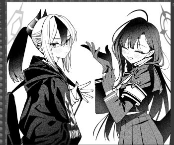 2girls ahoge armband art_program_in_frame blue_archive blush choker closed_eyes double-parted_bangs ear_piercing from_side frown gloves greyscale hair_between_eyes hair_ornament hairpin halo highres hood hood_down hooded_jacket ichika_(blue_archive) jacket kayoko_(blue_archive) long_hair long_sleeves looking_at_viewer low_wings midriff_peek monochrome multicolored_hair multiple_girls oomori_(kswmr) open_mouth piercing pleated_skirt ponytail print_jacket sailor_collar school_uniform serafuku shirt sidelocks skirt smile streaked_hair turning_head upper_body wings