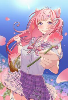 1girl :3 absurdres ahoge animal_ear_fluff animal_ears basket blue_sky breasts choker collarbone commentary_request dot_nose field flower flower_field frills hair_ornament hakui_koyori hakui_koyori_(school_uniform) heart heart_hair_ornament highres holding holding_flower hololive ito_siki kokoro_(hakui_koyori) large_breasts light_blush long_hair looking_at_viewer nail_polish official_alternate_costume pentagram petals pink_eyes pink_hair pink_skirt purple_nails skirt sky smile sunlight tail virtual_youtuber wolf_ears wolf_girl wolf_tail
