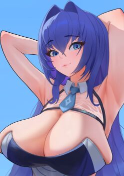 1girl absurdres armpits arms_up azur_lane blue_eyes blue_hair breasts cleavage highres large_breasts long_hair looking_at_viewer new_jersey_(azur_lane) new_jersey_(black_blur_prelude)_(azur_lane) official_alternate_costume race_queen rainz solo