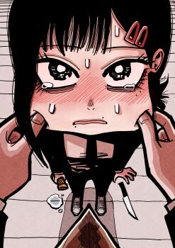 1boy 1girl absurdres black_eyes black_hair black_jacket black_necktie black_pants blush chainsaw_man cheek_pull food formal_clothes hair_ornament hairclip hansoom_(latebirdwakeup) higashiyama_kobeni highres ice_cream jacket knife looking_at_viewer necktie pant_suit pants pov shirt suit suit_jacket tearing_up violence_fiend_(chainsaw_man) white_shirt