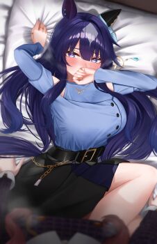 2girls absurdres animal_ears bare_shoulders belt belt_buckle black_belt black_skirt blue_eyes blue_hair blue_shirt blush breath brown_hair buckle chain clothing_cutout commentary_request covering_own_mouth diamond_(shape) ear_covers ear_ornament embarrassed female_pov gentildonna_(umamusume) gold_ring highres horse_ears horse_girl jewelry long_hair looking_at_viewer menchi_rishio mole mole_under_eye multiple_girls necklace nose_blush pillow pillow_grab pov shirt shoulder_cutout single_ear_cover skirt thumb_ring umamusume verxina_(umamusume)