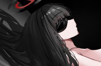 1girl animated black_hair blindfold blue_archive blush bouncing_breasts breasts commentary halo heavy_breathing implied_sex large_breasts long_hair lying on_back open_mouth paid_reward_available puffy_nipples red_eyes ringed_eyes rio_(blue_archive) solo sweat tagme tongue tongue_out ugoira video x-ray yuki_(asayuki101)