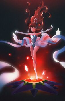 Rule 34 | 1girl, ballet, ballet slippers, bare legs, bare shoulders, beads, brown hair, choker, closed eyes, dress, elbow gloves, floating hair, gem, gen 1 pokemon, gloves, goldeen (cosplay), hair ornament, legs, leotard, long hair, magical girl, misty (pokemon), nintendo, outstretched arms, pokemon, pokemon (anime), pokemon (classic anime), pokemon rgby, portrait, solo, spread arms, starmie, strapless, thighs, tutu, very long hair, white gloves