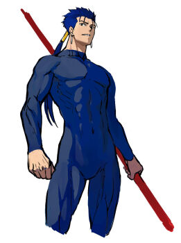 1boy b_suke black_eyes blue_bodysuit blue_hair bodysuit commentary_request covered_abs covered_navel cowboy_shot cropped_legs cu_chulainn_(fate) cu_chulainn_(lancer)_(fate) earrings fate/stay_night fate_(series) hair_tubes highres holding holding_polearm holding_weapon impossible_bodysuit impossible_clothes jewelry long_hair male_focus muscular muscular_male polearm ponytail solo weapon