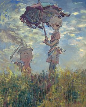 1boy 1girl ahoge bede_(pokemon) black_sclera blue_hair blue_leggings blue_sky closed_mouth collared_shirt colored_sclera colored_skin commentary_request curly_hair field fine_art_parody full_body gen_8_pokemon gym_challenge_uniform hat hatterene highres holding holding_umbrella horimhkw11 leggings long_hair looking_at_viewer nintendo outdoors parasol parody pink_hair pink_shirt pokemon pokemon_(creature) pokemon_swsh prehensile_hair purple_eyes purple_umbrella shirt short_hair shorts sky standing umbrella undershirt white_eyes white_shorts white_skin witch_hat woman_with_a_parasol