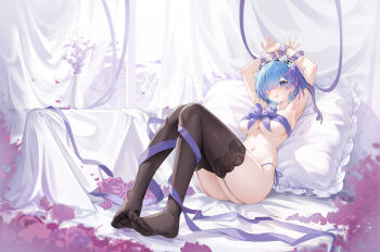 1girl armpits arms_up bare_shoulders blue_eyes blue_hair blush bound breasts brown_thighhighs chinese_commentary commentary_request eyes_visible_through_hair flower full_body hair_over_one_eye highres jiaowohuangdaoa large_breasts legs navel no_shoes panties parted_lips petals purple_panties purple_ribbon re:zero_kara_hajimeru_isekai_seikatsu red_flower red_petals rem_(re:zero) restrained ribbon ribbon_as_bra short_hair sleeveless solo stomach thighhighs toes underwear