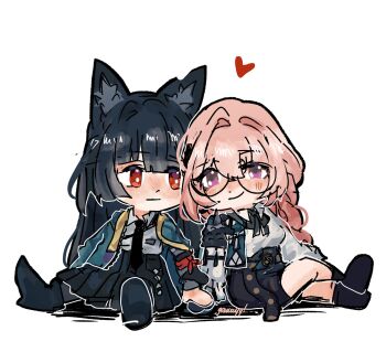 2girls animal_ear_fluff animal_ears armor artist_name black_skirt chibi closed_mouth dress_shirt fox_ears fox_girl green_jacket heart high-waist_skirt highres holding_hands hoshimi_miyabi hyastelle jacket long_hair multiple_girls pencil_skirt pink_eyes pink_hair red_eyes shirt shoulder_armor simple_background sitting skirt smile tsukishiro_yanagi white_background white_shirt yuri zenless_zone_zero