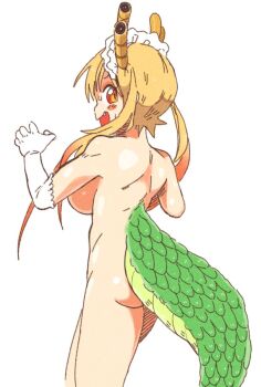 1girl ass blonde_hair completely_nude dragon_girl dragon_horns dragon_tail elbow_gloves embarrassed fang frilled_hairband frills from_behind gloves hairband horns inkerton-kun kobayashi-san_chi_no_maidragon long_hair looking_at_viewer looking_back maid_headdress nude open_mouth orange_eyes simple_background slit_pupils solo standing tail tohru_(maidragon) twintails white_background white_gloves