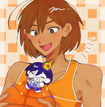 2boys ball barefoot basketball_(object) black_eyes blush brown_hair checkered_clothes closed_eyes collarbone colored_skin commentary_request confetti dark-skinned_male dark_skin double-parted_bangs dual_persona hair_between_eyes hat highres holding holding_ball kel_(faraway)_(omori) kel_(headspace)_(omori) kel_(omori) looking_at_another male_focus mini_person miniboy multiple_boys nata_kadu omori open_mouth party_hat purple_hair purple_shorts short_hair shorts smile tank_top white_skin