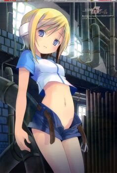 00s 1girl against_wall android belly belt blonde_hair blue_eyes blush breasts brick_wall cowboy_shot crop_top female_focus grin groin headphones ichimaru_(kowarekake_no_orgel) indoors kowarekake_no_orgel loli looking_at_viewer megami_magazine midriff navel no_nose no_panties official_art open_belt open_clothes open_fly open_shorts pants_undone parted_bangs pop raglan_sleeves scan shirt short_hair short_shorts short_sleeves shorts sidelocks small_breasts smile smoking_pipe solo standing sunlight swept_bangs t-shirt unbuttoned undressing unzipped white_top window
