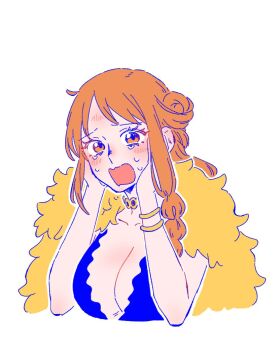 Rule 34 | 1girl, 2025, bangle, blush, bracelet, braid, braided sidelock, breasts, capelet, cleavage, collarbone, commentary request, fur-trimmed capelet, fur trim, gold choker, hands on own cheeks, hands on own face, jewelry, large breasts, looking at viewer, nami (one piece), nami (one piece) (elbaf), official alternate costume, official alternate hairstyle, one piece, open mouth, orange eyes, orange hair, rnolmol, sidelocks, simple background, solo, tears, upper body, white background, yellow capelet