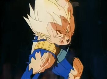1990s_(style) 2boys android angry animated animated_gif anime_screenshot armor battle blonde_hair blood defeat dragon_ball dragonball_z fight full_armor hatchiyack injury machine male_focus multiple_boys muscular pain punching retro_artstyle son_gohan super_saiyan vegeta violence