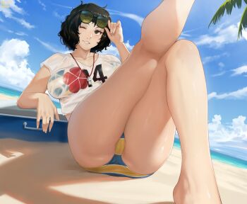 1girl absurdres arm_support barefoot beach bikini black_hair blue_bikini blush breasts breasts_apart cameltoe cloud cloudy_sky collarbone commentary cooler crop_top day english_commentary eyelashes eyewear_lift eyewear_on_head foot_out_of_frame foreshortening grey_eyes hand_up highres kawakami_sadayo kneepits knees_together_feet_apart large_breasts leaning_back legs legs_together magdalenus27 mature_female medium_hair official_alternate_costume on_ground one_eye_closed outdoors parted_lips persona persona_5 relaxing revision shadow shirt short_sleeves signature sky solo striped_bikini striped_clothes sunglasses swimsuit thighs wet wet_clothes wet_shirt whistle whistle_around_neck white_shirt yellow_bikini