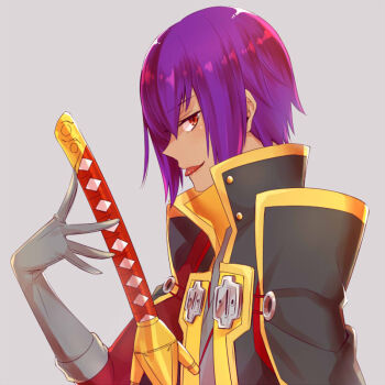 Rule 34 | 1boy, blazblue, blazblue: calamity trigger, blazblue: central fiction, blazblue: chronophantasma, blazblue: continuum shift, cloak, gloves, grin, holding, holding sword, holding weapon, kisaragi jin, long sleeves, looking at viewer, male focus, potato (oriha94), purple hair, red eyes, simple background, smile, solo, sword, tan, uniform, weapon