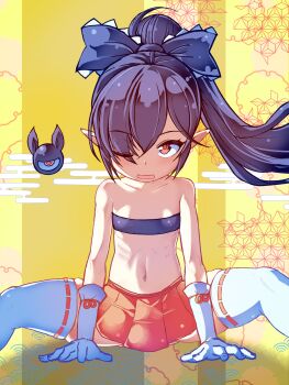 1girl animal_ears backbeako_(torotei) backbeard bandeau bare_shoulders black_bandeau black_hair black_ribbon chinese_zodiac collarbone eyes_visible_through_hair flat_chest gegege_no_kitarou gloves hair_over_one_eye hair_ribbon high_ponytail highres horse_ears light_blush loli long_hair looking_at_viewer navel one_eye_closed open_mouth original pleated_skirt pointy_ears ponytail rectangular_mouth red_eyes red_skirt revealing_clothes ribbon ribbon-trimmed_thighhighs ribbon_trim ribs sitting skirt solo spread_legs thighhighs torotei variant_set very_long_hair white_gloves white_thighhighs year_of_the_horse yellow_background