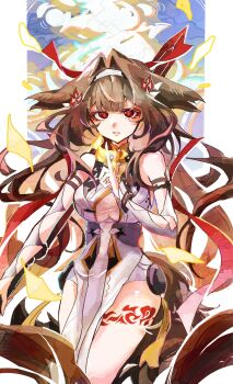 1girl bare_shoulders breasts brown_hair china_dress chinese_clothes cutedogggggggg dress hair_intakes hair_ornament hairband hashtag-only_commentary highres leg_tattoo long_hair red_eyes see-through_clothes tail tattoo thighs very_long_hair white_hairband ye_shunguang zenless_zone_zero