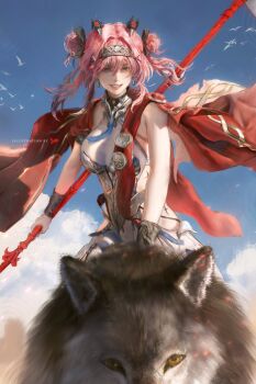 1girl absurdres armor armpit_crease bare_shoulders black_bow blue_sky bodysuit bow breastplate breasts collar commentary day earrings english_commentary grin hair_between_eyes hair_bow hairband highres holding holding_polearm holding_weapon jewelry jvn large_breasts long_hair looking_at_viewer lupa_(wuthering_waves) metal_collar metal_hairband multiple_hair_bows outdoors pink_hair polearm red_sash riding riding_animal sash sky smile solo tacet_mark_(wuthering_waves) twintails weapon white_bodysuit wolf wrist_guards wuthering_waves yellow_eyes