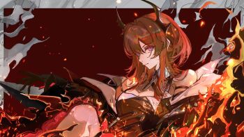 1girl arknights arknights:_endfield armlet black_gloves black_jacket closed_mouth commentary_request fire gloves highres horns jacket jewelry john_kafka korean_commentary long_hair purple_eyes solo surtr_(arknights) upper_body