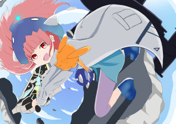 Rule 34 | 1girl, :d, absurdres, blue shirt, blue sky, blunt bangs, boots, cloud, coat, commentary request, falling, gloves, hat, heaven burns red, highres, holding, holding weapon, hood, jacket, kuryumiru0929, long hair, looking at viewer, mizuhara aina, open mouth, pants, pink hair, red eyes, shirt, sky, smile, solo, sword, weapon, yellow gloves