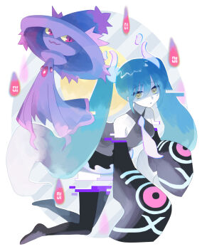 1girl bare_shoulders black_sleeves black_thighhighs blue_hair commentary_request detached_arm detached_legs detached_sleeves expressionless gen_4_pokemon ghost_miku_(project_voltage) glitch grey_shirt hair_between_eyes hatsune_miku highres long_hair looking_at_viewer mismagius necktie nintendo partially_shaded_face pokemon pokemon_(creature) project_voltage shirt sleeves_past_fingers sleeves_past_wrists thighhighs twintails very_long_hair vocaloid yellow_eyes yonesima_sin