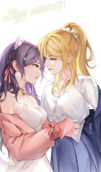 2girls animal_ear_piercing animal_ears ayase_eli bare_shoulders bell blonde_hair blue_eyes braid breasts cat_ears choker cleavage cowboy_shot dress dress_shirt eye_contact hair_ornament hair_scrunchie hairclip height_difference highres hug jacket k.jhitsugi large_breasts lips long_hair looking_at_another love_live! love_live!_school_idol_project multiple_girls neck_bell open_clothes open_jacket pink_choker pink_jacket ponytail scrunchie shirt side_braid sidelocks simple_background tojo_nozomi waist_hug white_background white_dress white_scrunchie white_shirt yuri