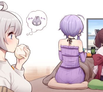 3girls ahoge ass bare_shoulders breasts brown_hair can commentary_request controller detached_sleeves dress drink_can eating food fruit game_controller grey_hair hakushi_(empty_blanc) halter_dress halterneck holding holding_controller holding_food holding_game_controller joy-con kizuna_akari kotatsu long_sidelocks looking_at_ass mandarin_orange medium_breasts medium_hair monster_energy multiple_girls playing_games purple_dress purple_hair purple_sleeves ribbed_dress shirt short_hair_with_long_locks sidelocks sitting sleeveless sleeveless_dress speech_bubble spoken_animal steamed_bun table thought_bubble touhoku_kiritan twintails voiceroid white_shirt yuzuki_yukari