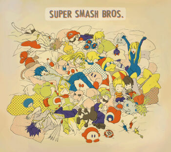 2girls 6+boys baseball_bat blonde_hair blue_hair bob-omb bomb bracer brown_hair capsule child diddy_kong donkey_kong_(series) donkey_kong_country doseisan explosive fire_emblem fire_emblem:_mystery_of_the_emblem fire_emblem:_path_of_radiance food fox_mccloud fruit game_&amp;_watch gen_1_pokemon gen_3_pokemon gloves hand_fan harisen ike_(fire_emblem) ivysaur jigglypuff kid_icarus king_dedede kirby kirby_(series) link lucas_(mother_3) luigi mario mario_(series) marth_(fire_emblem) metal_gear_(series) metal_gear_solid metroid metroid_(creature) metroid_larva monkey mother_(series) mother_2 mother_3 mr._game_&amp;_watch multiple_boys multiple_girls ness_(mother_2) nintendo paper_fan peach pikmin_(creature) pikmin_(series) pillow pit_(kid_icarus) pokemon pokemon_(creature) ponytail princess_zelda samus_aran sleeping solid_snake star_fox stretching super_smash_bros. the_legend_of_zelda toon_link torchic turnip waddle_dee yawning yoshi zero_suit