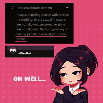 1girl artist_self-insert black_eyes black_hair black_sweater commentary english_commentary english_text highres long_sleeves open_mouth pink_background pixel_art polka_dot polka_dot_background reddit short_hair sidelocks simple_background solo sweater upper_body yumykon yumykon_(yumykon) yumyverse