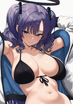 1girl alternate_costume armpits arms_up bikini black_bikini blue_archive blue_eyes blush breasts breasts_apart collarbone commentary_request front-tie_bikini_top front-tie_top halo halterneck highres jacket large_breasts looking_at_viewer medium_hair navel ni_tamago_sando open_clothes open_jacket purple_hair simple_background smile solo stomach string_bikini swimsuit two-sided_fabric two-sided_jacket two_side_up upper_body white_background white_jacket yuuka_(blue_archive)