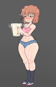 1girl annoyed athamaluta bare_hips bare_shoulders black_socks blue_eyes blue_shorts blush breasts brown_hair camisole clenched_teeth collarbone cum cum_in_container denim denim_shorts embarrassed female_focus full_body grey_background grey_shoes haibara_ai half-closed_eyes highres holding holding_jar implied_hetero jar kyojiri_loli loli looking_at_object medium_hair meitantei_conan midriff pink_camisole shoes shorts simple_background small_breasts socks solo standing stray_pubic_hair teeth variant_set wide_hips