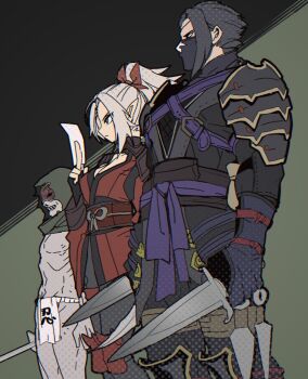 Rule 34 | 1girl, 2boys, armor, black background, black gloves, black hair, black pants, cloak, dagger, ecchuu fundoshi, elf, fingerless gloves, fundoshi, gloves, green background, green hood, high ponytail, holding, holding dagger, holding knife, holding sword, holding weapon, holster, japanese clothes, kimono, kiriha (wizardry), knife, kunai, mask, mouth mask, multiple boys, narita imomushi, ninja, ninja mask, pants, pointy ears, ponytail, protagonist (wizardry variants daphne), red kimono, red ribbon, ribbon, rinne (wizardry), shin guards, simple background, standing, sword, thigh holster, two-tone background, weapon, white hair, wizardry, wizardry variants daphne