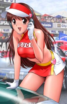1990s_(style) 1girl audience bare_shoulders brown_eyes brown_hair character_name clothes_writing cyberformula female_focus future_gpx_cyber_formula gloves headset heart leaning_forward long_hair looking_at_viewer microskirt midriff miniskirt open_mouth outdoors photo_background race_car race_queen reflection retro_artstyle shingyouji_tatsuya shirt skirt sleeveless sleeveless_shirt solo standing sugou_asuka visor_cap white_gloves