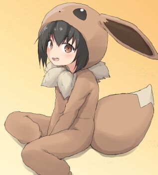 1girl animal_costume animal_ears between_legs black_hair blush bodysuit brown_background brown_eyes child commentary_request cosplay eevee eevee_(cosplay) eevee_ears eevee_tail fake_animal_ears fake_tail female_focus gen_1_pokemon hair_between_eyes hand_between_legs highres hood hood_up hoodie kigurumi looking_at_viewer nintendo open_mouth pajamas poke_kid_(pokemon) pokemon pokemon_swsh pokemon_tail shadow short_hair sitting solo tail teeth upper_teeth_only yakihebi