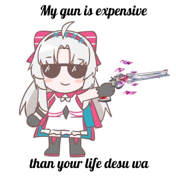 1girl ahoge black_gloves bow carlotta_(wuthering_waves) closed_mouth commentary_request dress english_text gloves gun hair_bow hairband highres holding holding_gun holding_money holding_weapon jacket long_hair money parted_bangs pink_bow pink_hairband pink_jacket red_eyes smile solo striped_bow sunglasses tenrino weapon white_dress white_hair wuthering_waves