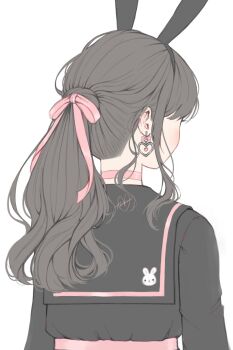 1girl animal_ear_hairband animal_ears animal_print arms_at_sides artist_name black_hair black_hairband black_sailor_collar black_shirt choker commentary earrings english_commentary fake_animal_ears from_behind hair_ribbon hairband heart heart_earrings highres jewelry loltinami long_hair long_sleeves pink_choker pink_ribbon ponytail rabbit_ear_hairband rabbit_ears rabbit_print ribbon sailor_collar sailor_shirt school_uniform self-portrait shirt signature simple_background solo tinami_(vtuber) upper_body vdonburi virtual_youtuber white_background